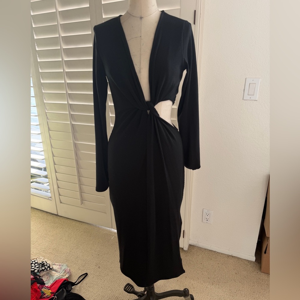 Black Twist-Front Long Sleeve Women's Dress